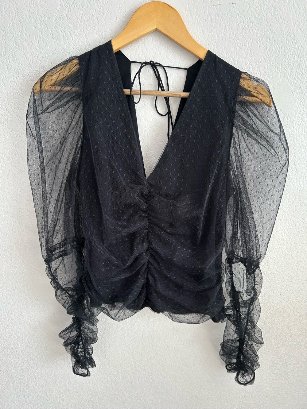 Maeve by Anthropologie Sheer Mesh Ruched Mesh Top in Black Swiss Dot. Small